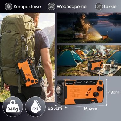 40. Extralink RADIO AWARYJNE SOLARNE Z KORBKA DYNAMO POWERBANK 4000MAH Z LATARKA SOS SR-4000 Przenośny Analogowy Czarny, Pomarańczowy