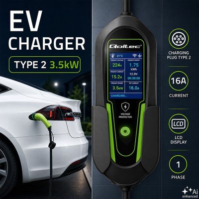 3. Qoltec Ładowarka do samochodu elektrycznego EV i hybryd z regulacją 2w1 Typ2 | 3.5kW | 230V | SCHUKO 16A | Wi-Fi | Tuya | Smart life | LCD |  5m