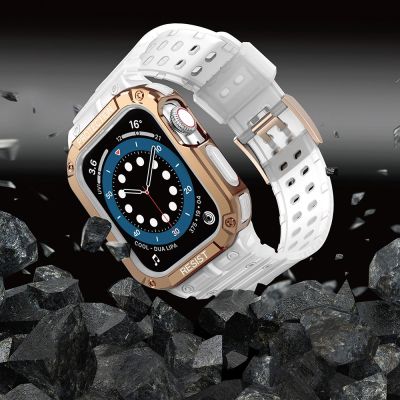 6. Pasek z etui ochronnym Protect Strap Band do Apple Watch 42 / 44 / 45 mm opaska obudowa pancerna - przezroczysty, różowe złoto