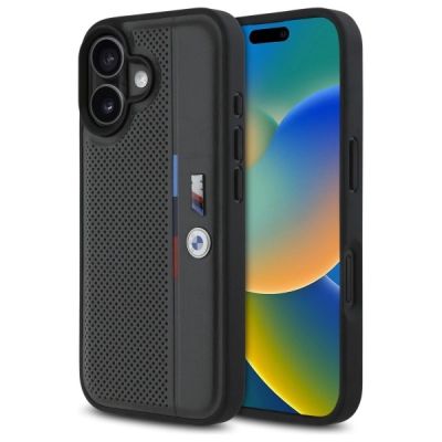 Etui BMW M Perforated Tricolor Detail Line na iPhone 16 - ciemnoszare