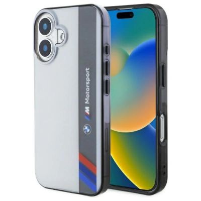 Etui BMW Motosport IML Vertical Stripe na iPhone 16 Plus - szare