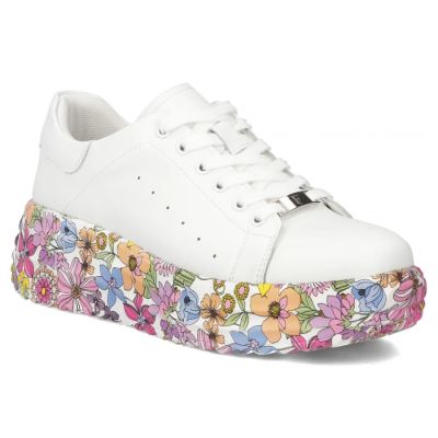 Skórzane półbuty sneakersy na platformie w kwiaty białe Filippo DP7507