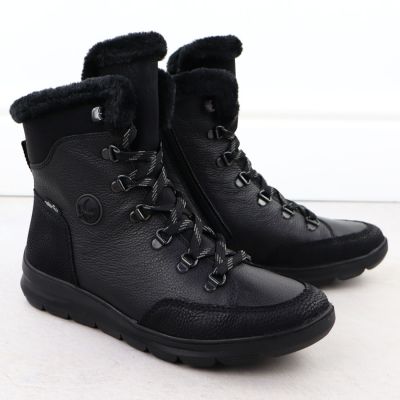 3. Skórzane wodoodporne botki damskie z futerkiem czarne Rieker  Z0000-00