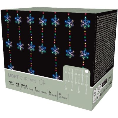 19. LAMPKI CHOINKOWE KURTYNA ŚWIETLNA 200x200 CM 408LED PŁATKI ŚNIEGU MULTIKOLOR