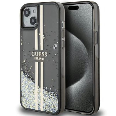 Etui Guess Liquid Glitter Gold Stripes na iPhone 15 Plus / 14 Plus - czarne
