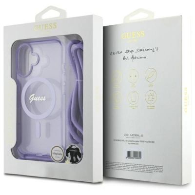 7. Etui Guess Crossbody Cord Script MagSafe na iPhone 16 - fioletowe