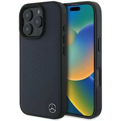 Etui Mercedes MB Wood Imitation Leather MagSafe na iPhone 16 Pro Max - granatowe