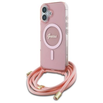 2. Etui Guess Crossbody Cord Script MagSafe na iPhone 16 - różowe
