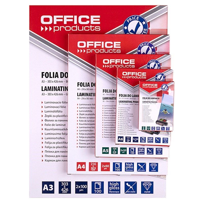 2. OFFICE PRODUCTS Folia do laminowania, A4, 2x100mikr., błyszcząca, 100szt., transparentna