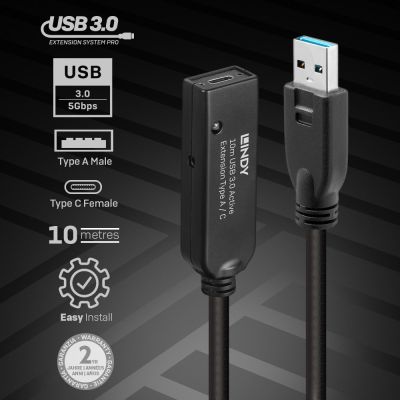 5. Lindy 43376 kabel USB USB 3.2 Gen 1 (3.1 Gen 1) 10 m USB A USB C Czarny