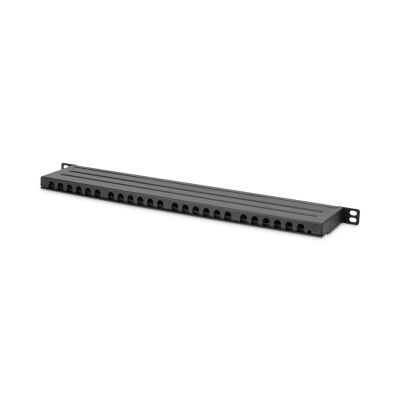 22. Panel krosowy high density 19'' 24x RJ45, LSA poziom, kat.6A, ekranowany, 0.5U, czarny, prowadnica kabli