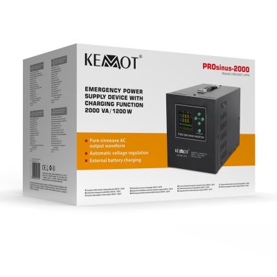 3. Zasilacz awaryjny KEMOT PROsinus-2000  przetwornica z czystym przebiegiem sinusoidalnym i funkcją ładowania  12V 230V 2000VA/1200W