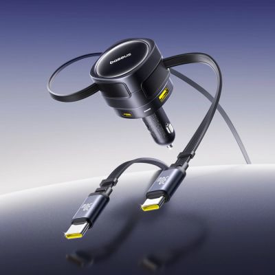 7. Ładowarka samochodowa Baseus Enjoyment Max 90W 2 x kabel USB-C + USB-A + USB-C - czarna