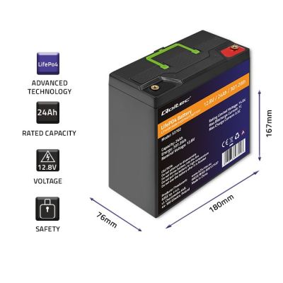 3. QOLTEC AKUMULATOR LIFEPO4 LITOWO-ŻELAZOWO-FOSFORANOWY | 12.8V | 24AH | 307.2WH | BMS