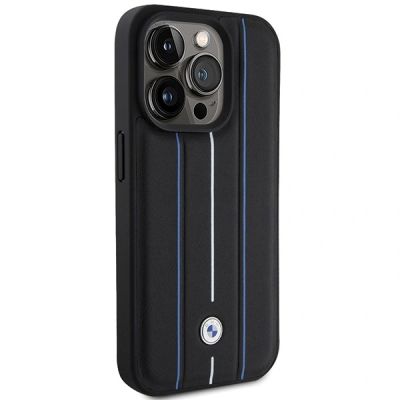 4. Etui BMW Leather Stamp Blue Line na iPhone 15 Pro Max - czarne