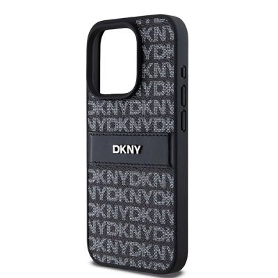 6. Etui DKNY Leather Mono Stripe & Metal Logo na iPhone 15 Pro - czarne