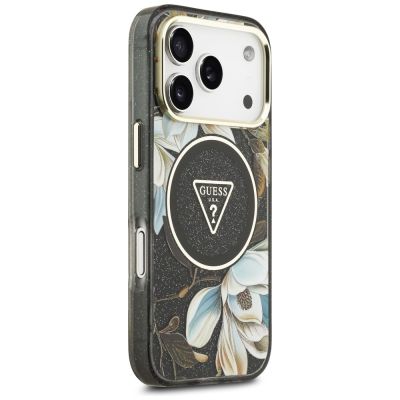4. Etui Guess IML Glitter Flowers Triangle MagSafe na iPhone 18 Pro Max / 17 Pro Max - czarne