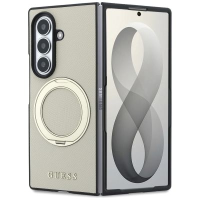 2. Etui Guess Magnetic Ring Stand Grained Classic Logo MagSafe na Samsung Galaxy Z Fold 8 Ultra - beżowe