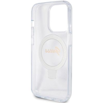 7. Etui Guess Ring Stand Script Glitter MagSafe na iPhone 15 Pro - przezroczyste