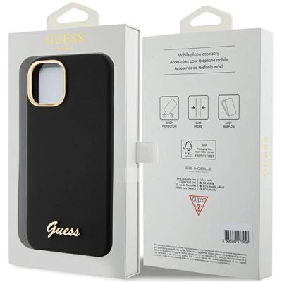 8. Etui Guess Silicone Script Metal Logo & Frame na iPhone 15 - czarne