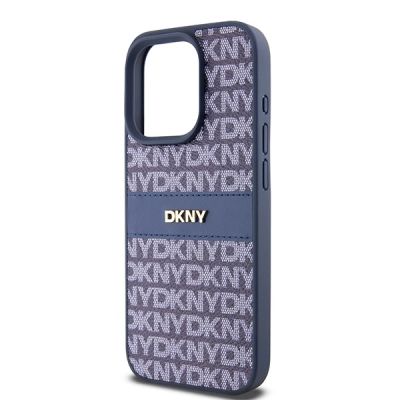 6. Etui DKNY Leather Mono Stripe & Metal Logo na iPhone 15 Pro - niebieskie