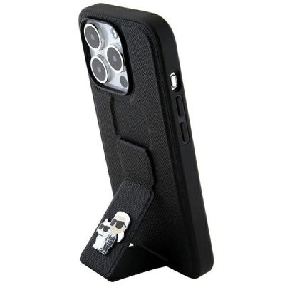 9. Etui Karl Lagerfeld Gripstand Saffiano Karl&Choupette Pins na iPhone 13 Pro / 13 - czarne