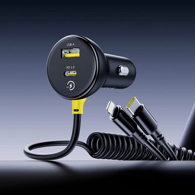 9. Ładowarka samochodowa Baseus Circular 60W USB-A + USB-C z wbudowanym kablem Lightning + USB-C 1,4 m - czarna