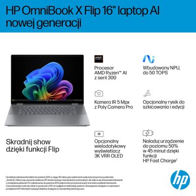 37. HP OmniBook X Flip 16-ar0016nw Ryzen AI 5 340 16.0"2K Touch OLED IPS 300nits AG 16GB LPDDR5X SSD1TB Radeon 840M Cam 5MPx + IR  68Wh Win11 Meteor Silver 2Y
