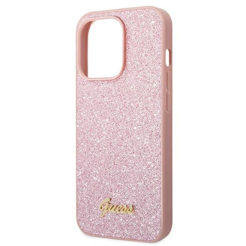 6. Etui Guess Glitter Script na iPhone 14 Pro Max - różowe