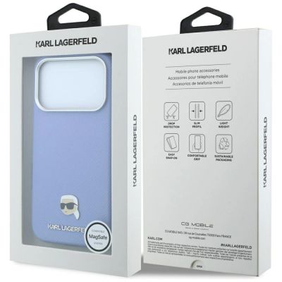 8. Etui Karl Lagerfeld Grained Karl Head Metal MagSafe na iPhone 18 Pro / 17 Pro - jasnoniebieskie