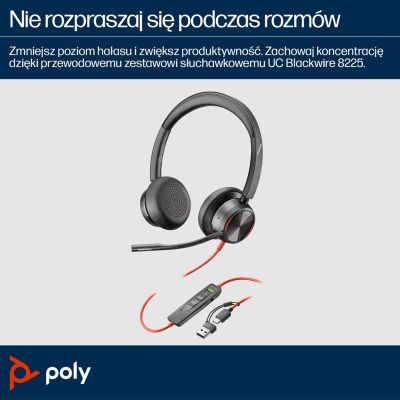 66. POLY Zestaw słuchawkowy Blackwire 8225 Stereo USB-C + przejściówka USB-C/A