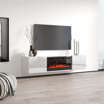2. Szafka RTV LUXE 182,6x34,5x37,5 biały/biały połysk + czarny kominek