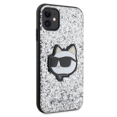 4. Etui Karl Lagerfeld Glitter Choupette Patch na iPhone 11 / Xr - srebrne