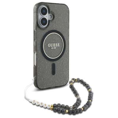 3. Etui Guess IML Glitter With Pearl Strap MagSafe na iPhone 16 - czarne