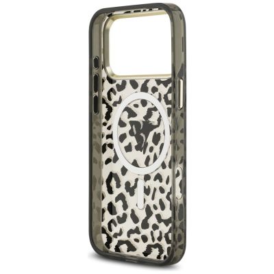 7. Etui Guess IML Leopard Glitter Triangle Logo MagSafe na iPhone 17 Pro Max / 18 Pro Max - czarne