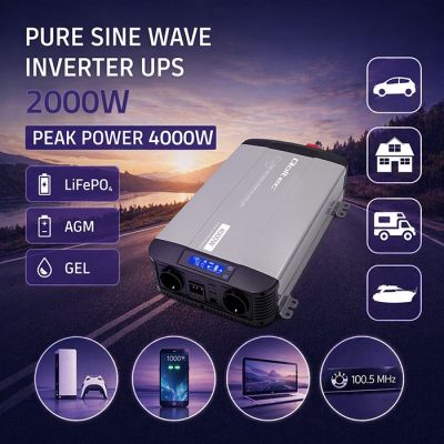 3. Qoltec Przetwornica napięcia Pure Sine Wave | 12V na 230V | 2000/4000W | UPS BYPASS | LCD | USB | USB-C | Kompatybilna z LiFePO4 GEL AGM