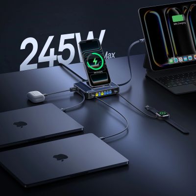 10. Stacja ładująca Baseus Nomos NH21 6w1 245W bezprzewodowa z dwoma zwijanymi kablami USB-C - czarna