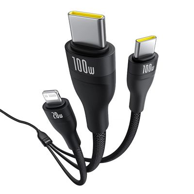 5. Kabel 3w1 Baseus Flash Series 3 100W USB-C - USB-C+USB-C+Lightning 1,5m + 3 x 0,25 m - czarny