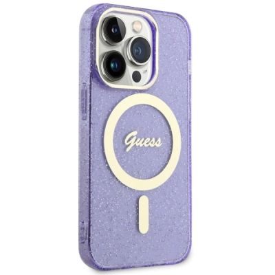 4. Etui Guess Glitter Gold MagSafe na iPhone 14 Pro Max - purpurowe
