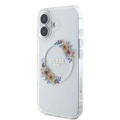 2. Etui Guess IML Flowers Wreath MagSafe na iPhone 16 Plus - przezroczyste