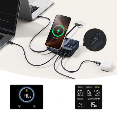 12. Stacja ładująca Baseus NOMOS 140W Qi2 5w1 bezprzewodowa ze zwijanym kablem USB-C i wyświetlaczem cyfrowym - czarna
