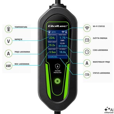 8. Qoltec Ładowarka do samochodu elektrycznego EV i hybryd z regulacją 2w1 Typ2 | 3.5kW | 230V | SCHUKO 16A | Wi-Fi | Tuya | Smart life | LCD |  5m