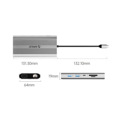3. Stacja dokująca USB-C Orico XDR 12w1 USB-A USB-C HDMI 4K VGA RJ45 Gigabit PD 100W czytnik kart SD i microSD - srebrna