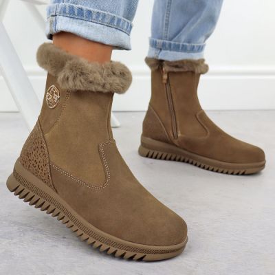 6. Skórzane botki damskie zamszowe z futerkiem brązowe Filippo  DBT7271