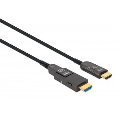 2. Kabel światłowodowy MANHATTAN Active High Speed HDMI z odłączanym złączem 4K@60Hz UHD, HDMI męski na Micro HDMI męski (typ D) i odłączany męski HDMI (typ A), 50m, HEC, ARC, styki pozłacane (355537)