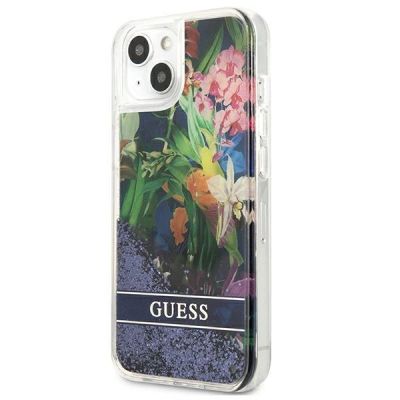 3. Etui Guess Flower Liquid Glitter na iPhone 13 mini - niebieskie
