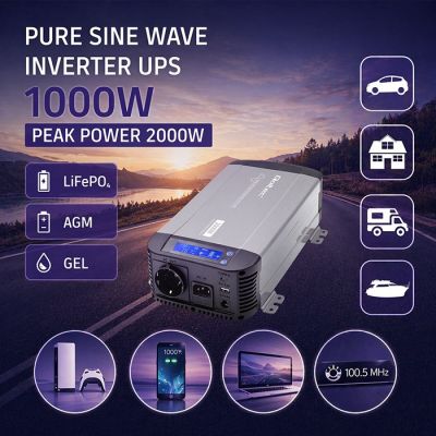 3. Qoltec Przetwornica napięcia Pure Sine Wave | 12V na 230V | 1000/2000W | UPS BYPASS | LCD | USB | USB-C | Kompatybilna z LiFePO4 GEL AGM