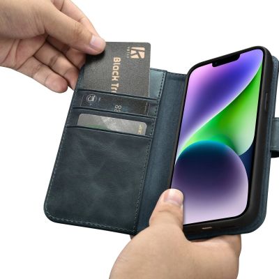 14. iCarer Oil Wax Wallet Case 2in1 etui iPhone 14 Plus skórzany pokrowiec z klapką Anti-RFID niebieski (WMI14220723-BU)