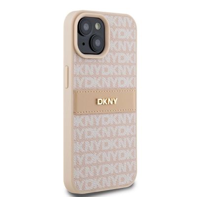4. Etui DKNY Leather Mono Stripe & Metal Logo na iPhone 15 Plus / 14 Plus - różowe