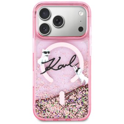 3. Etui Karl Lagerfeld Liquid Glitter Karl Script Logo MagSafe na iPhone 17 Pro - różowe